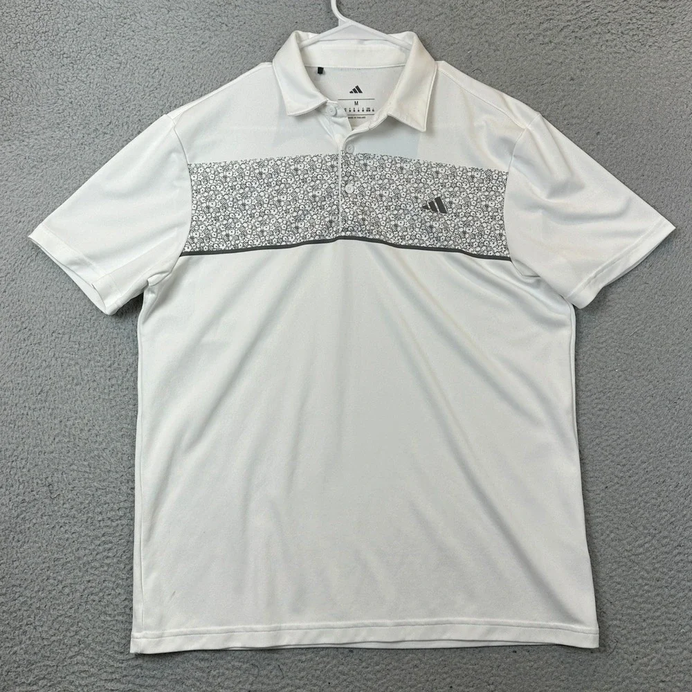 Adidas Polo Shirt Mens Medium White Floral Chest Stripe Performance Golf Rugby